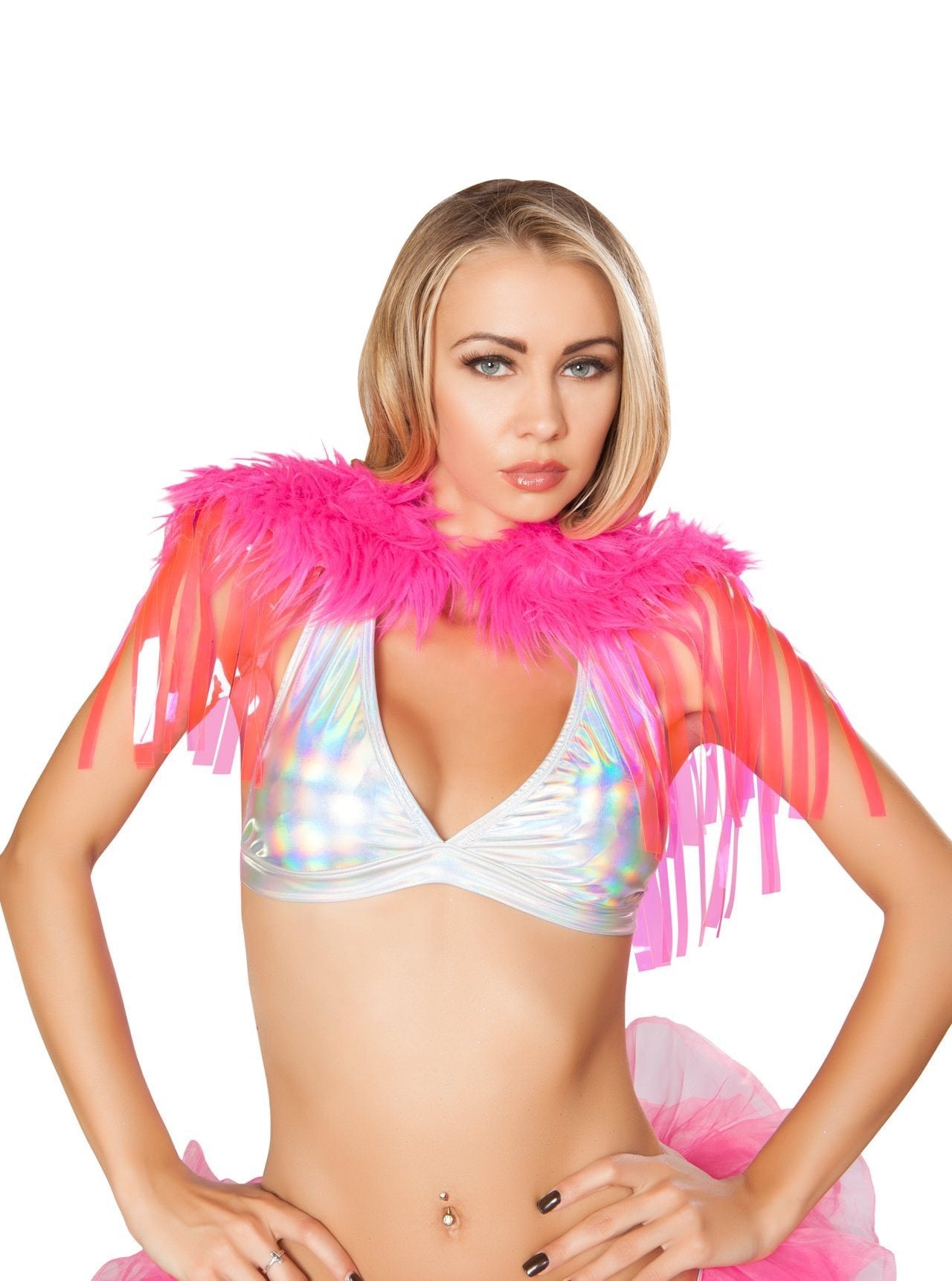 Buy Fringed Shrug with Fur Detail from RomaRetailShop for 28.50 with Same Day Shipping Designed by Roma Costume 3252-HP-O/S