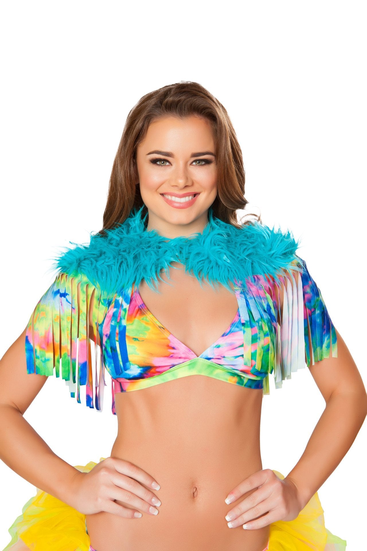 Buy Fringed Shrug with Fur Detail from RomaRetailShop for 28.50 with Same Day Shipping Designed by Roma Costume 3252-Turq/TD-O/S