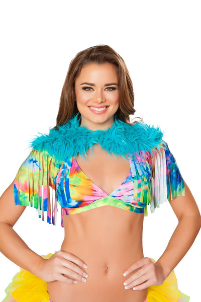 Buy Fringed Shrug with Fur Detail from RomaRetailShop for 28.50 with Same Day Shipping Designed by Roma Costume 3252-Turq/TD-O/S