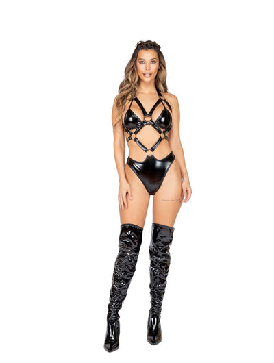 Buy 1pc Latex Holster Romper with Ring Detail from RomaRetailShop for 46.99 with Same Day Shipping Designed by Roma Costume 3892-Blk-S