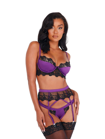3pc Embroidered Lace & Satin Bralette Garter Set