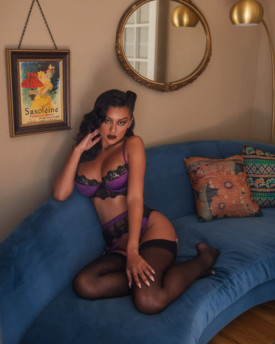 3pc Embroidered Lace & Satin Bralette Garter Set