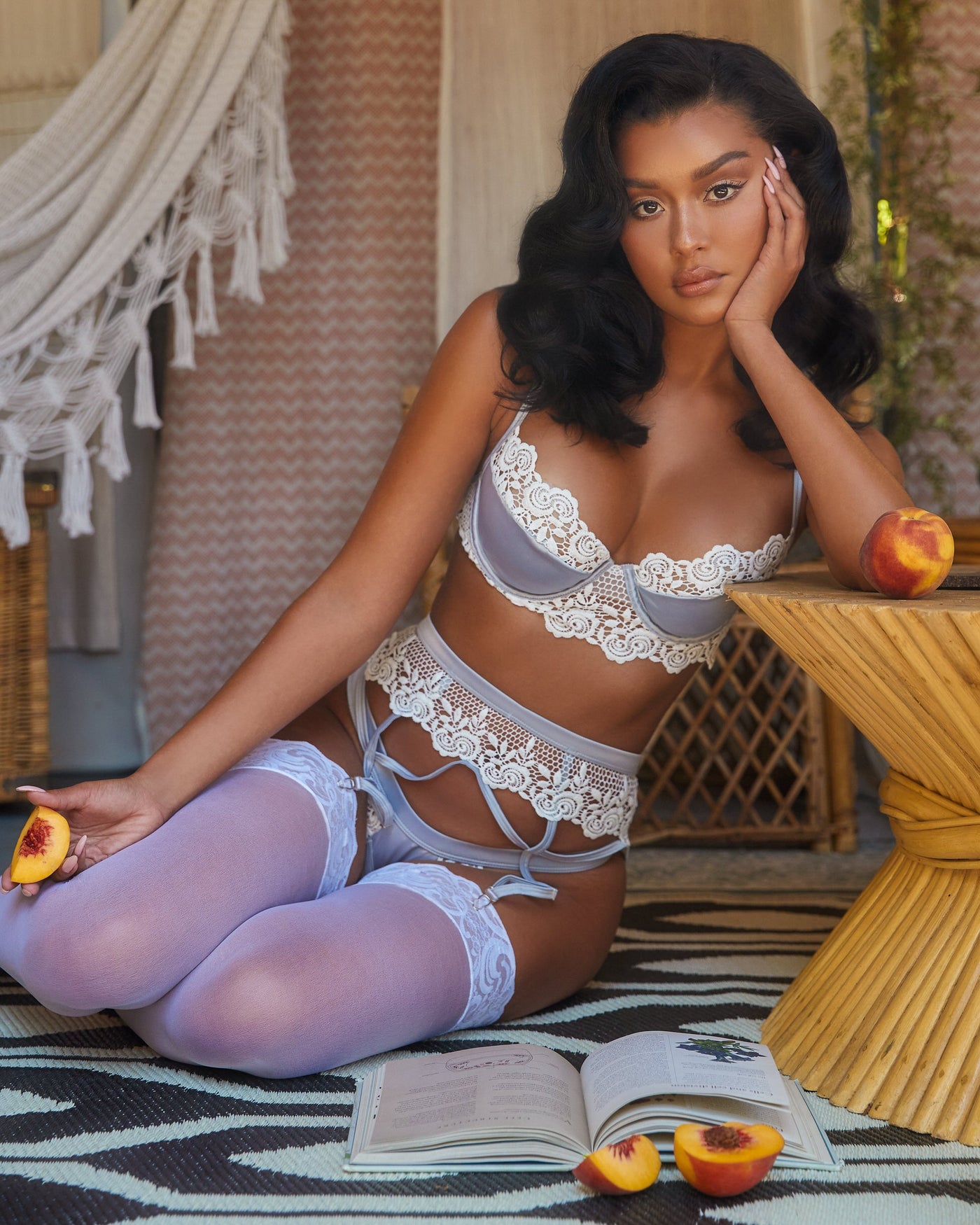 3pc Embroidered Lace & Satin Bralette Garter Set