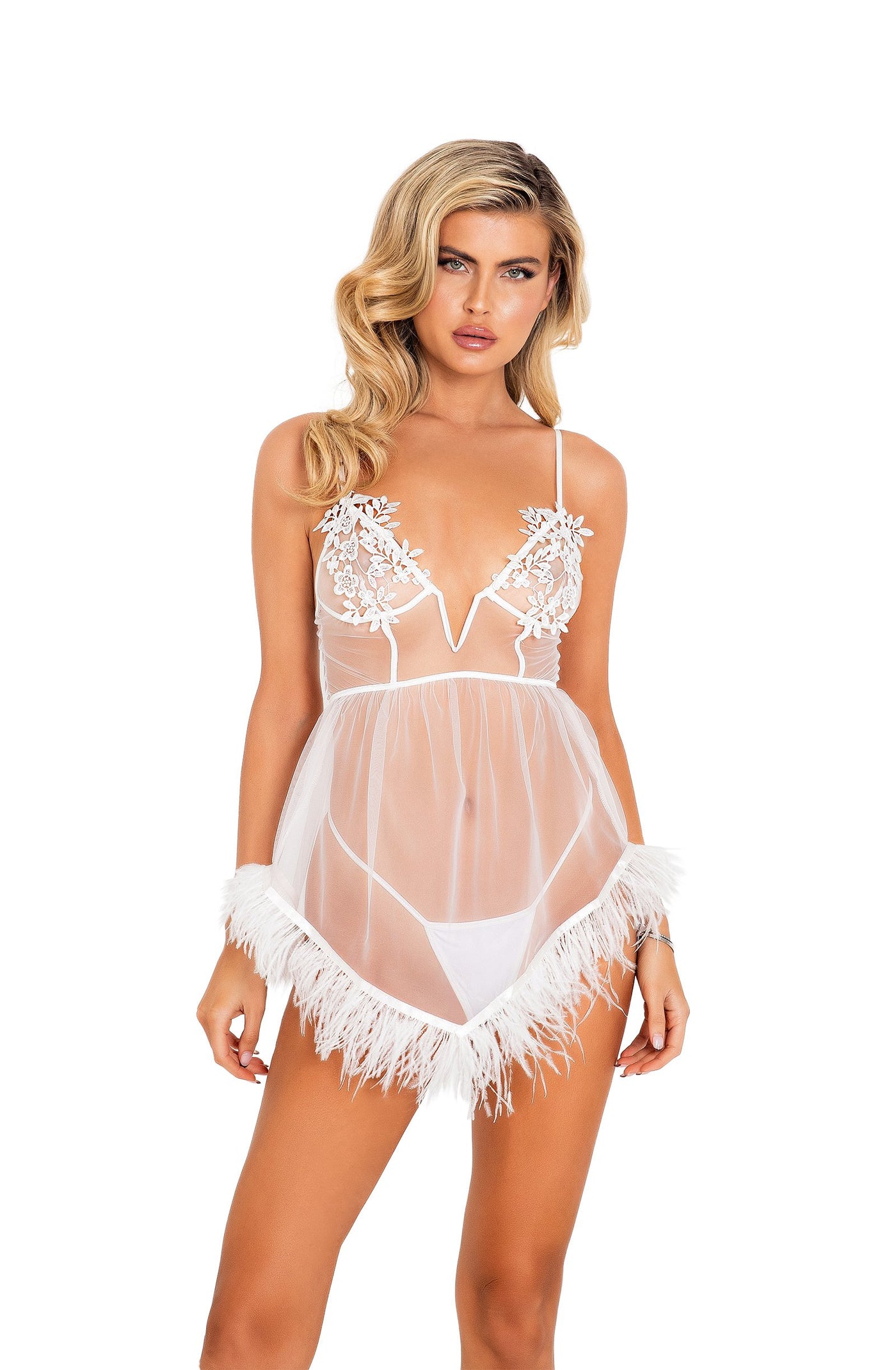2pc Bridal Corset Chemise with Ostrich Feather Trim & Panty