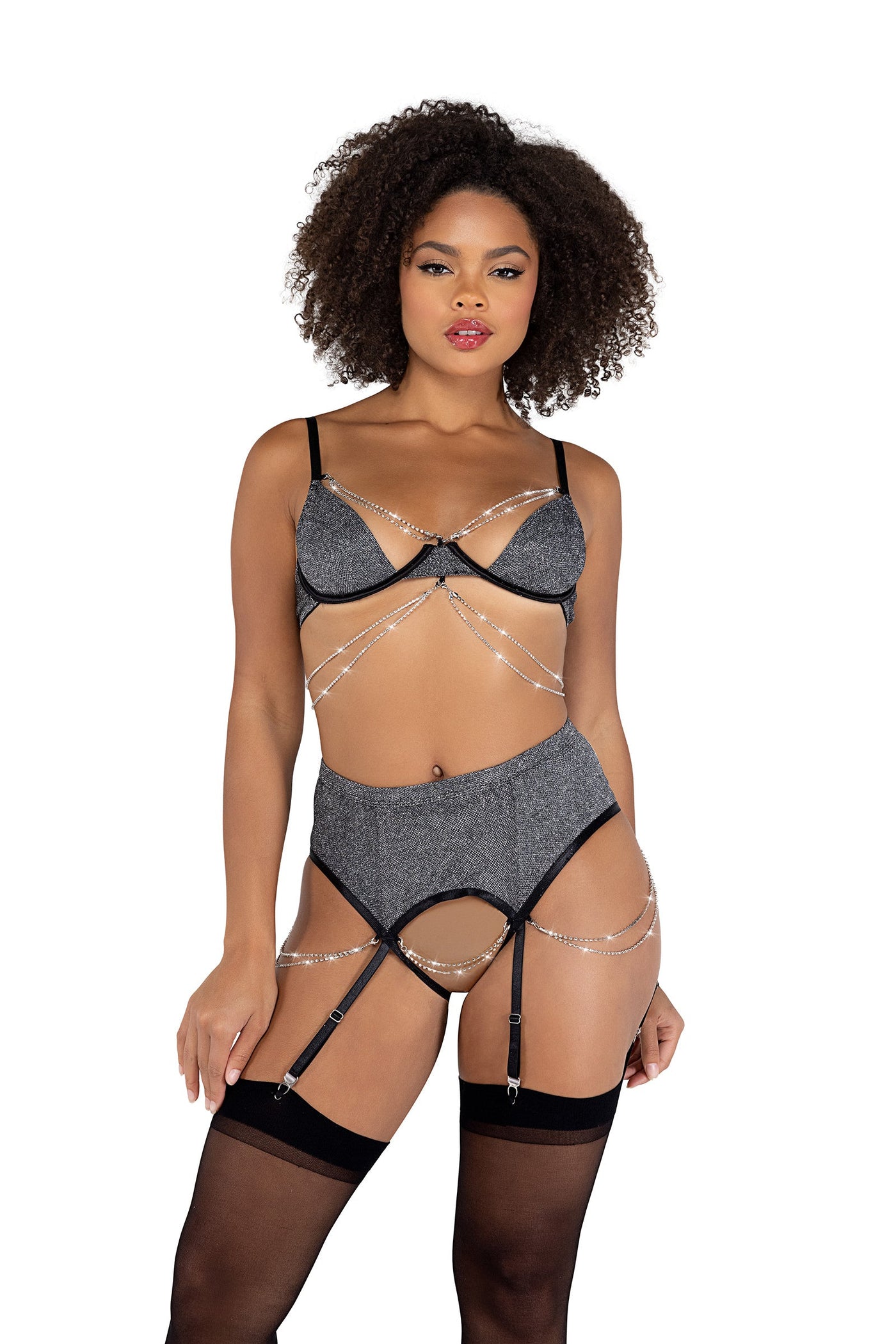 2pc Sparkle Diamond Crotchless Set