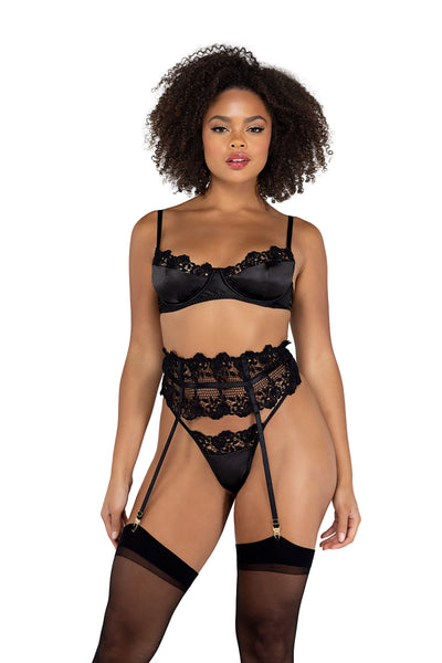 3pc Embroidered Lace & Satin Bra Garter Set