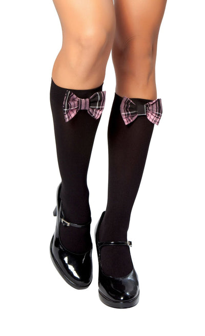 Buy Pair of Black Stockings with Black and Pink Plaid Bow from RomaRetailShop for  with Same Day Shipping Designed by Roma Costume
